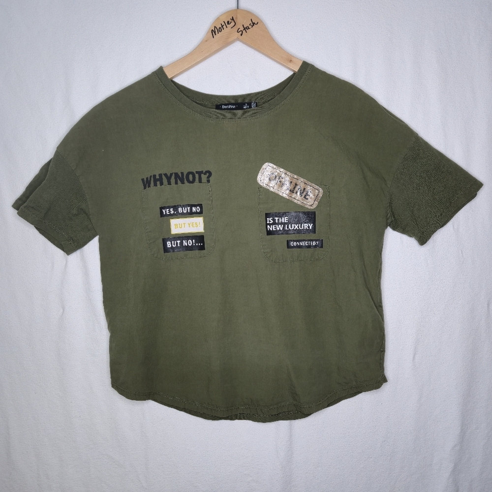 Bershka Ladies Cropped Green Top With Why Not Message Size Small